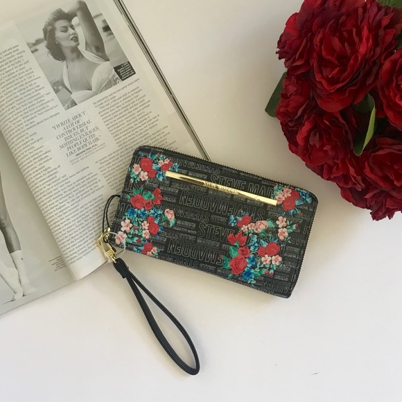 Steve Madden Black Logo Floral Wallet Wristlet - Picture 5 of 5